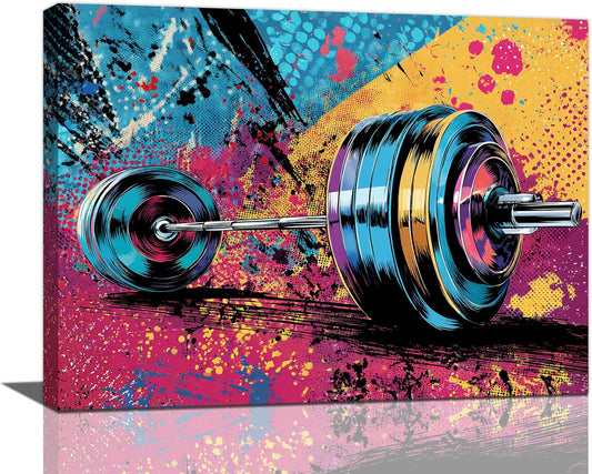 Gym Wall Art Weightlifting Fitness Canvas Wall Decor Barbell Sports Training Pictures Painting Banksy Street Graffiti Print Artwork Framed Decorations Gifts for Sports Lovers Gym Living Room Bedroom 12"x16"
