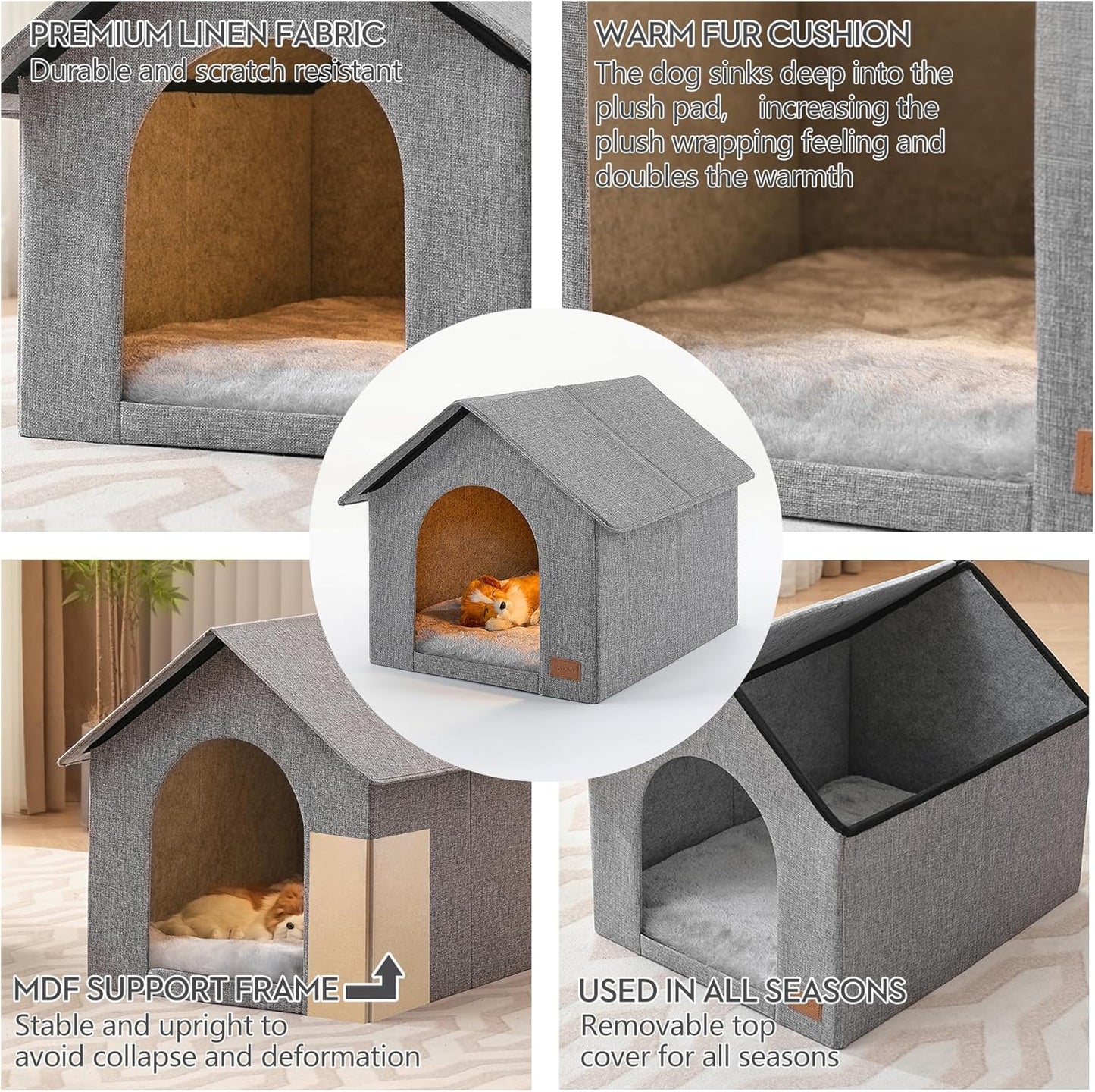Indoor Dog House with Washable Plush Cushion - Small Size, Suitable for Small Dogs & Adult Cats