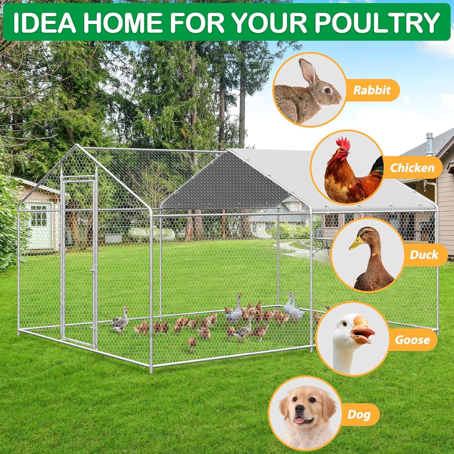 Large Metal Chicken Coop, Walk-in Chicken Run Pen with Waterproof Cover, Spire Roof Poultry Cage Run for Outdoors, Backyard, Farm(9.7'Wx12.99'Lx6.4'H)