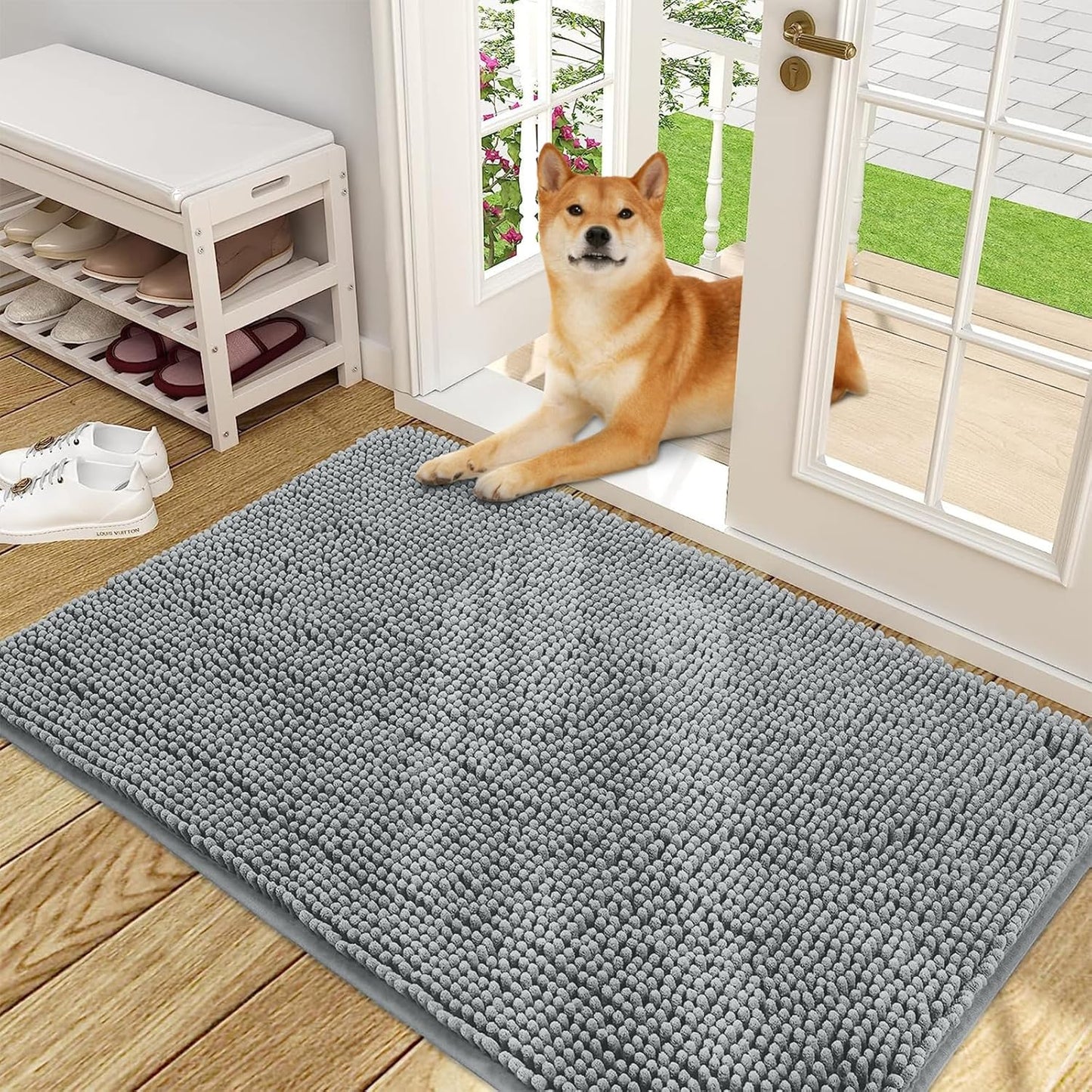 OLANLY Dog Door Mat for Muddy Paws 48x30, Absorbs Moisture and Dirt, Absorbent Non-Slip Washable Doormat, Quick Dry Chenille Mud Mat for Dogs, Entry Indoor Entryway Carpet for Inside Floor, Grey