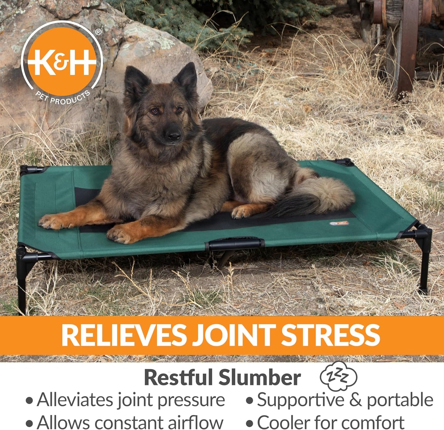 K&H Pet Products Outdoor Elevated Dog Cot, Breathable Cooling Elevated Cot Hammock Pet Bed for XL Dogs, Washable Mesh Cover, Raised Metal Frame, Collapsible, Portable - Extra-Large 50 X 32in Green