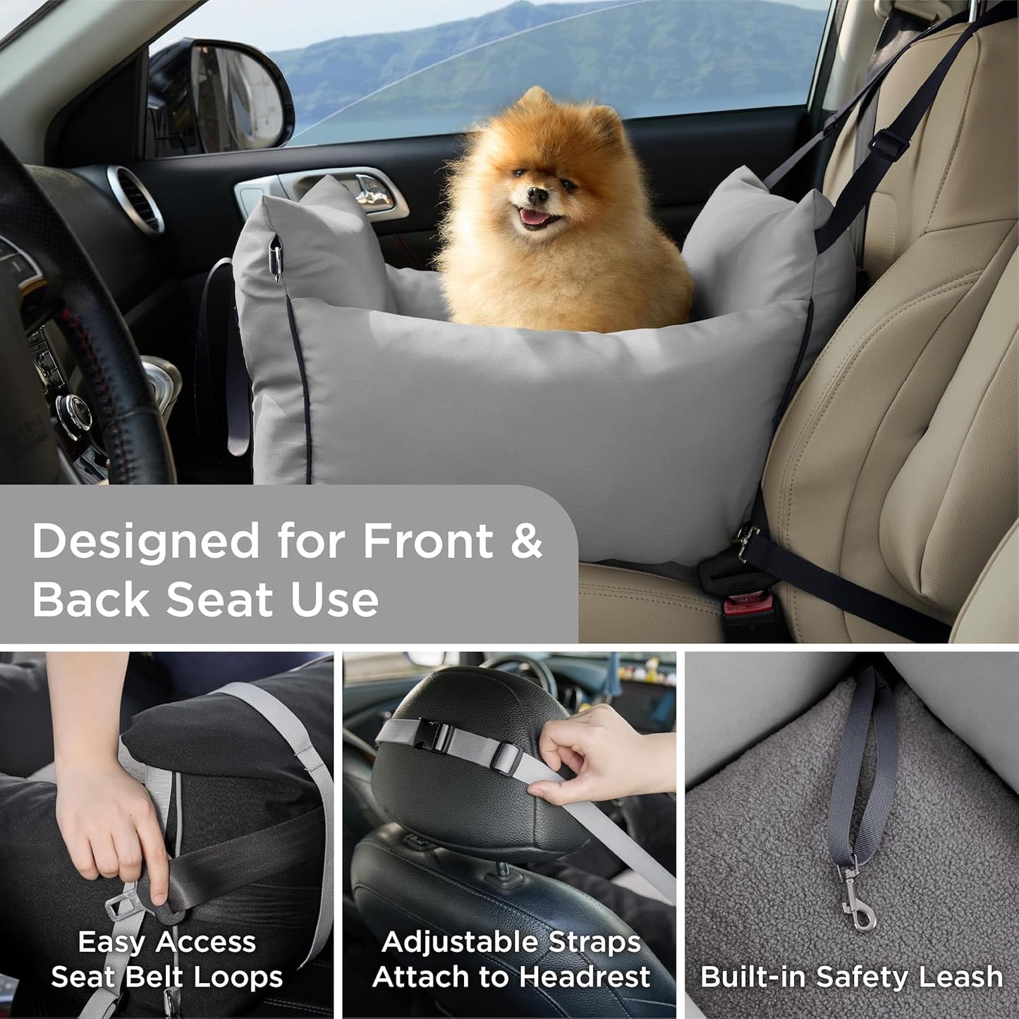 Lesure Small Dog Car Seat for Small Dogs - Soft Dog Booster Seat for Car with Storage Pocket and Clip-On Safety Leash and Thickened Memory Foam Filling, Pet Carseat Travel Carrier Bed, Grey