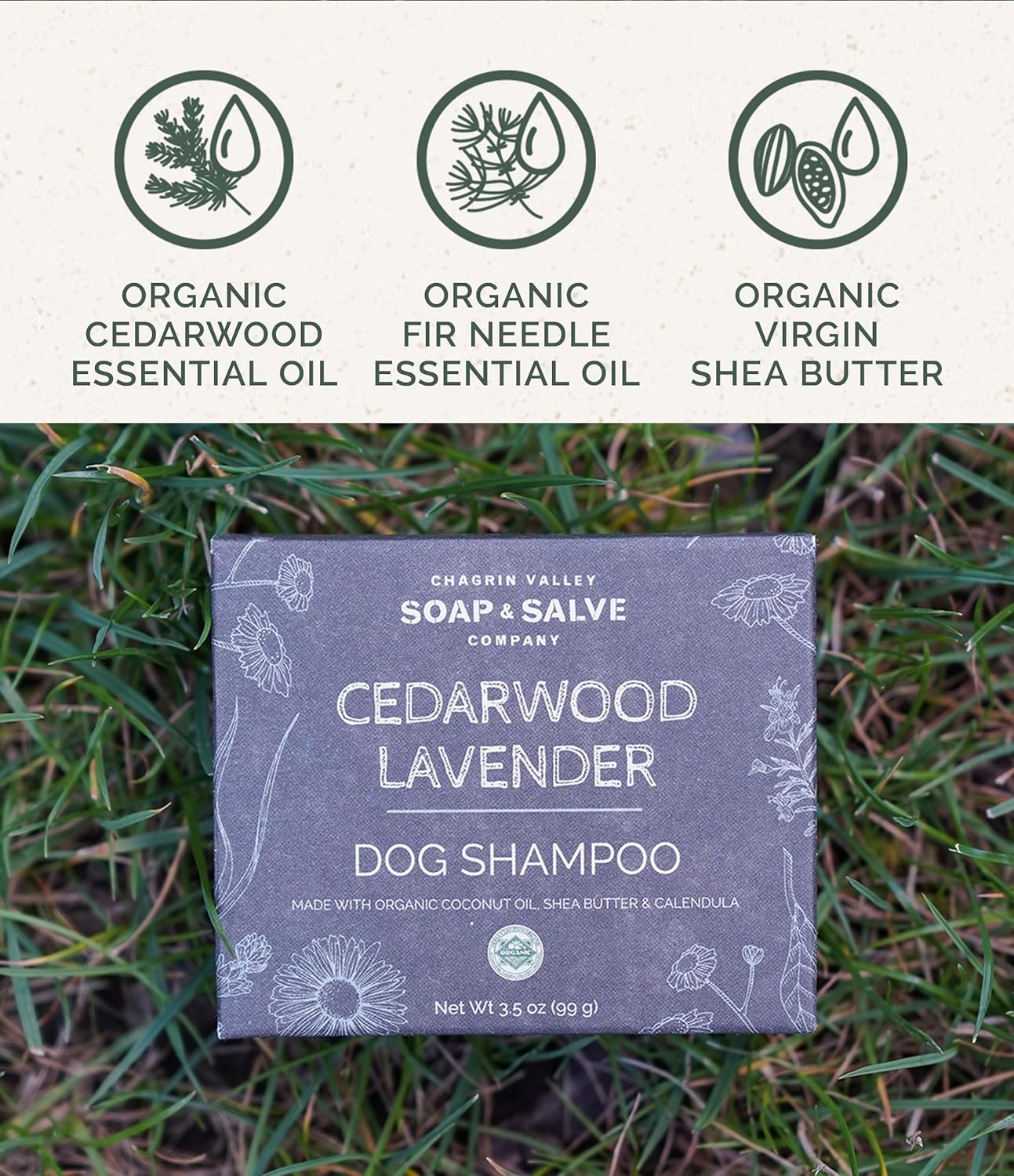 Chagrin Valley Soap & Salve Organic Dog Shampoo and Conditioner - Puppy Shampoo Itchy Skin Relief and Puppy Essentials - Natural Handmade Cedarwood Lavender, 3.8 oz Bar Soap 3-PK