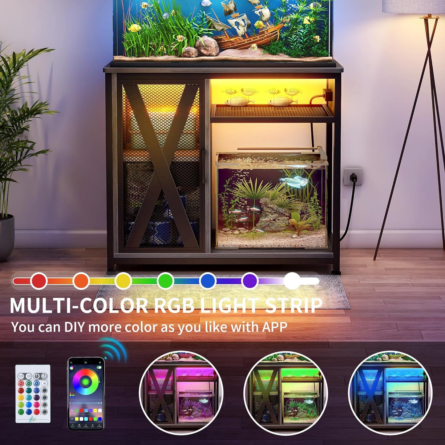 DWVO 40-50 Gallon Aquarium Stand with Power Outlets & LED Light, Cabinet for Fish Tank Accessories Storage - Metal Fish Tank Stand Suitable for Turtle, Reptile Terrarium, 660LBS Capacity, Grey