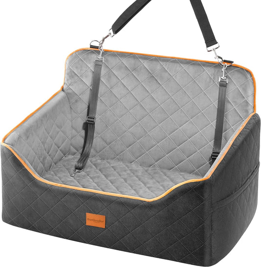 Dog Car Seat for Medium Dogs - Pet Car Seat with 2 Safety Straps & Waterproof Padding, Portable Pet Carrier for Cars, Trucks & SUVs, Comfortable Booster Bed for Pets Up to 55lbs (Black/Grey)