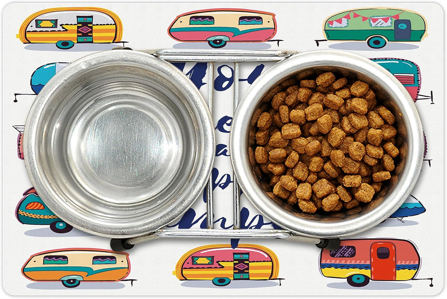 Lunarable Camper Pet Mat for Food and Water, You Make Me Happy Motivational Words Caravans Retro Style Travel Graphic Print, Non-Slip Rubber Mat for Dogs and Cats, 18" X 12", Indigo Yellow