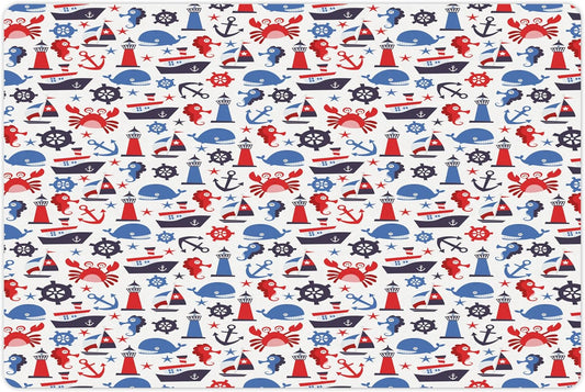 Lunarable Nautical Pet Mat for Food and Water, Steering Wheel Crab Cartoon Style Happy Fun Art Underwater World, Non-Slip Rubber Mat for Dogs and Cats, 18" X 12", Indigo Blue