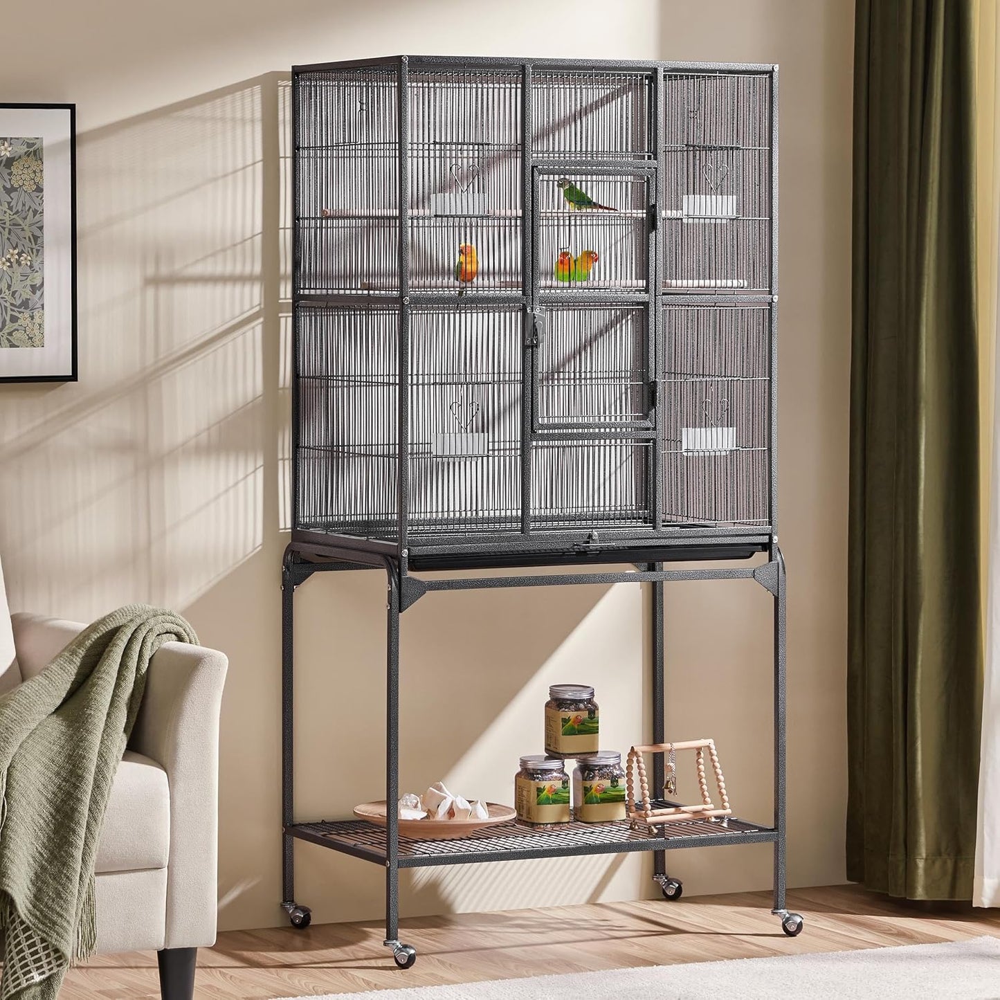 Yaheetech 63-Inch Wrought Iron Rolling Large Bird Cage for African Grey Small Quaker Amazon Parrots Canary Bird Flight Cage