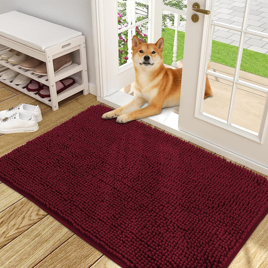 OLANLY Dog Door Mat for Muddy Paws 48x30, Absorbs Moisture and Dirt, Absorbent Non-Slip Washable Doormat, Quick Dry Chenille Mud Mat for Dogs, Entry Indoor Entryway Carpet for Inside Floor, Burgundy