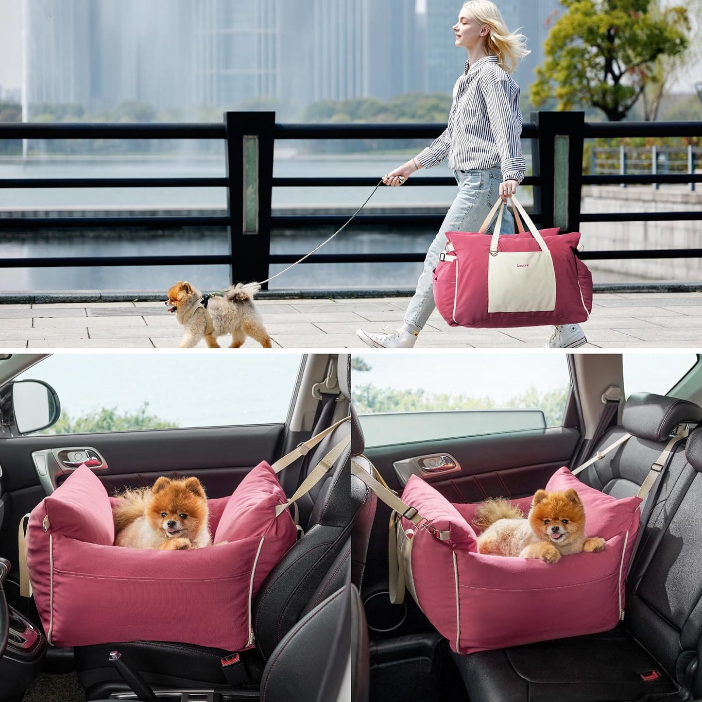 Lesure Small Dog Car Seat for Small Dogs - Waterproof Dog Booster Seat for Car with Storage Pockets and Clip-On Safety Leash and Thickened Memory Foam Filling, Pet Travel Carrier Bed Rose Red