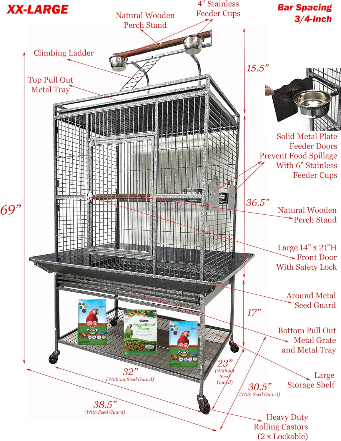 Extra Large Elegant and Durable Wrought Iron Climging Ladders Perch Stand Play Top Ground Bird Parrot Rolling Metal Cage, Include Seed Guard (White Vein, 32" x 23" x 69"H)