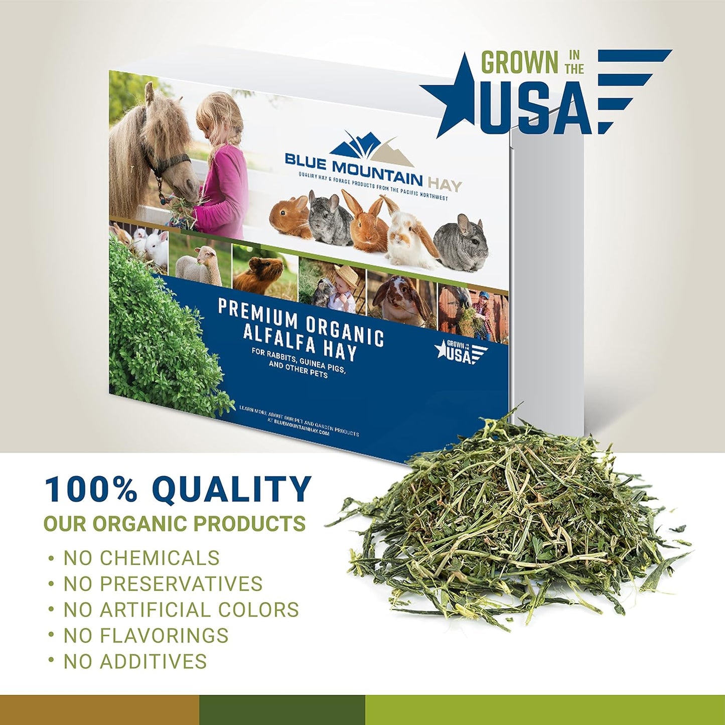 Blue Mountain Hay High-Altitude Hay - Organic Alfalfa, 5lb - High Protein, Fiber & Mineral-Rich - Soft, Leafy, High Leaf Retention - Ideal for Goats, Rabbits, Guinea Pigs & Other Small Animals