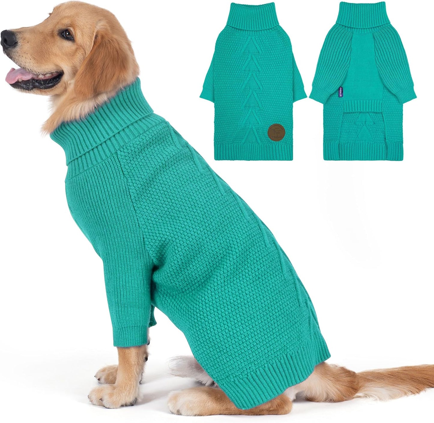 cyeollo Warm Stretchy Sweaters for Medium to Large Dogs Boy & Girl, Pullover Knitted Thermal Winter Big Dog Clothes with Sleeves Turtleneck Pet Beagle Border Collie Apparel, Aqua Green XXL