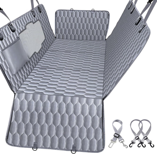 Back Seat Extender for Dogs-Supports 400lb,Waterproof Dog Car Seat Cover Hard Bottom-Detachable,600D Heavy Duty Scratch Proof Nonslip Soft,Dog Hammock for Car,SUVs-Grey