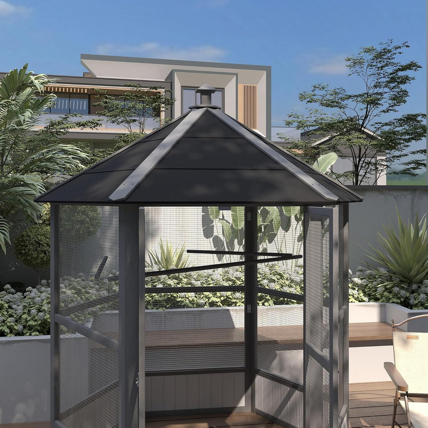 PawHut 69" Large Wooden Hexagonal Outdoor Aviary Flight Bird Cage with Covered Roof, Light Gray