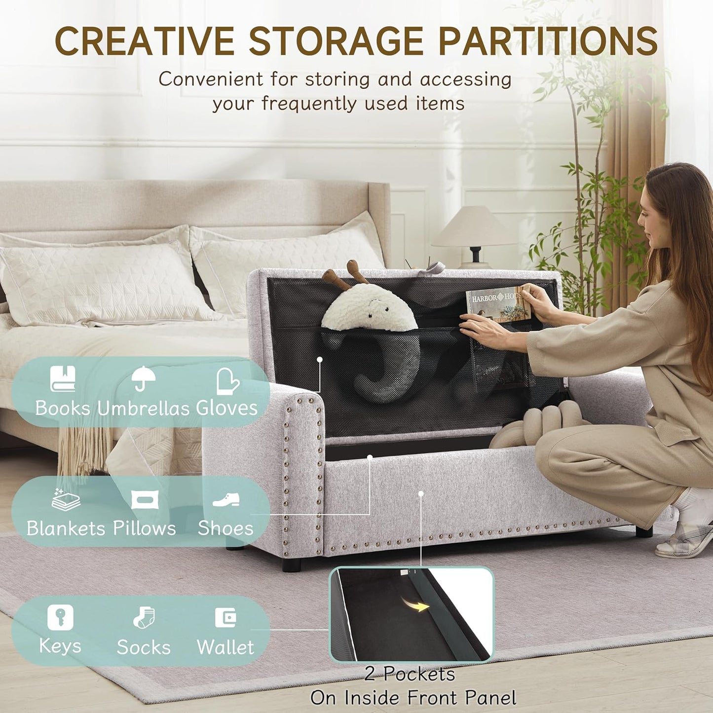 Ottoman with Storage, Tufted Storage Bench for Bedroom, 48" Fabrics End of Bed Bench, Upholstered Entryway Shoe Benches with Rolled Arm & Inner Zipper, Window Ottomans Chest with Rivets, Light Grey