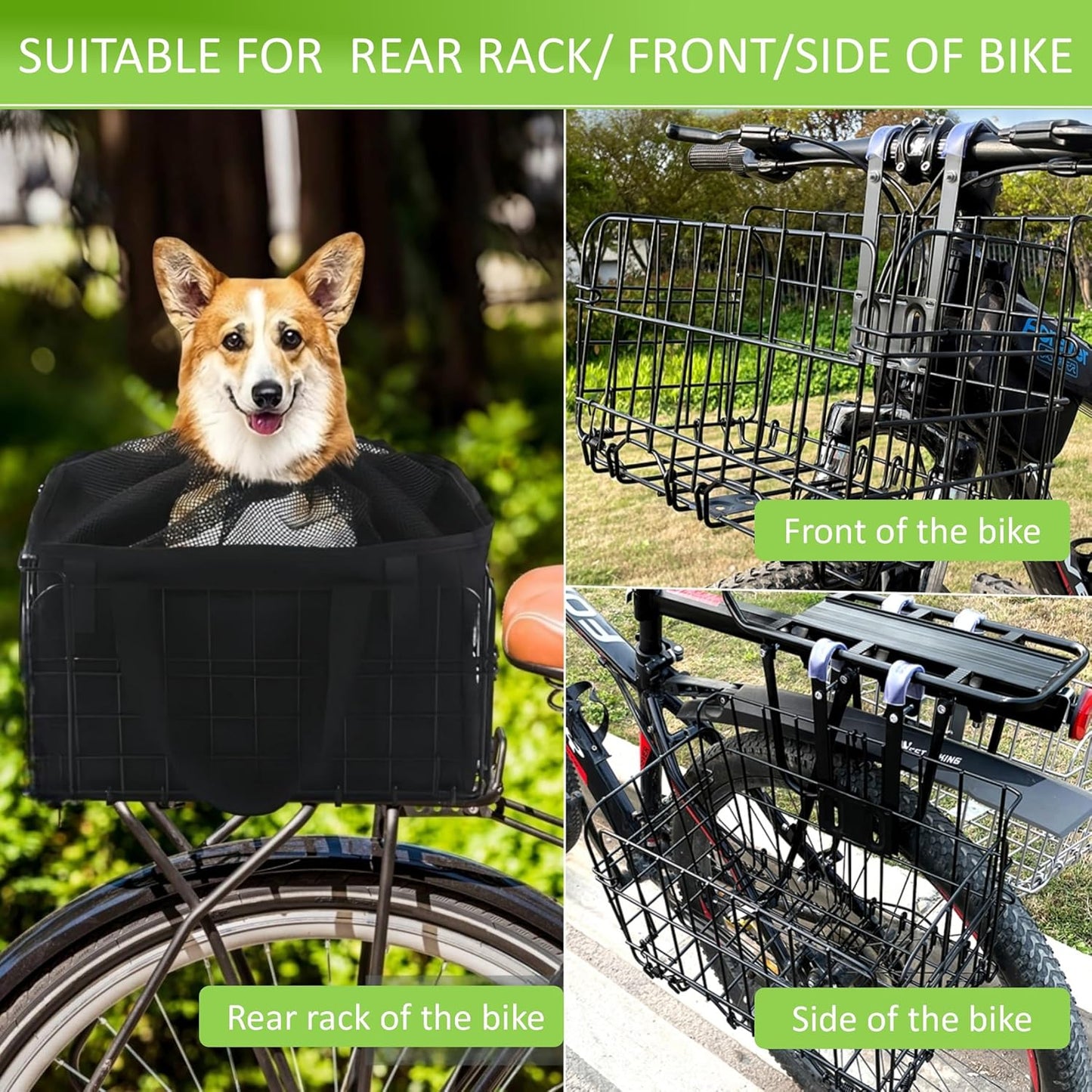 Large Dog Bike Basket with Removable Liner Bag, Portable Rear Bike Basket Carrier for Travel, Waterproof Bike Storage Suit for Front/Rear/Side of Bicycle, Ebike Accessoriest for Pets, Fruit & Grocery