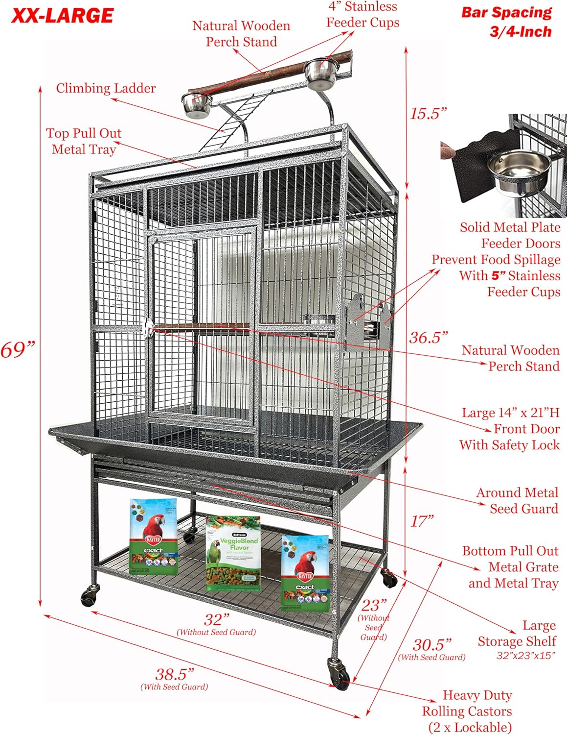 Extra Large Elegant and Durable Wrought Iron Climbing Ladder Perch Stand Play Top Ground Bird Parrot Metal Cage Around Seed Guard Storage Shelf with Heavy Duty Lockable Rolling Wheels