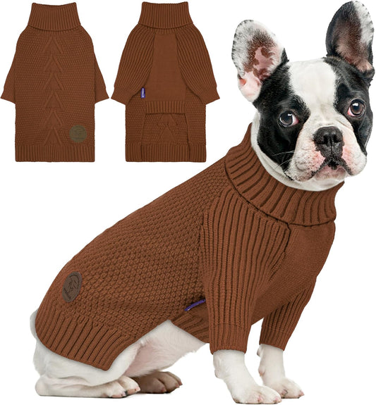 cyeollo Warm Small Dog Sweater, Knit Cold Weather Doggy Sweaters for Small Dogs Boy Pullover Winter Dog Clothes with Turtleneck for Indoor & Outdoor Wear, Brown M