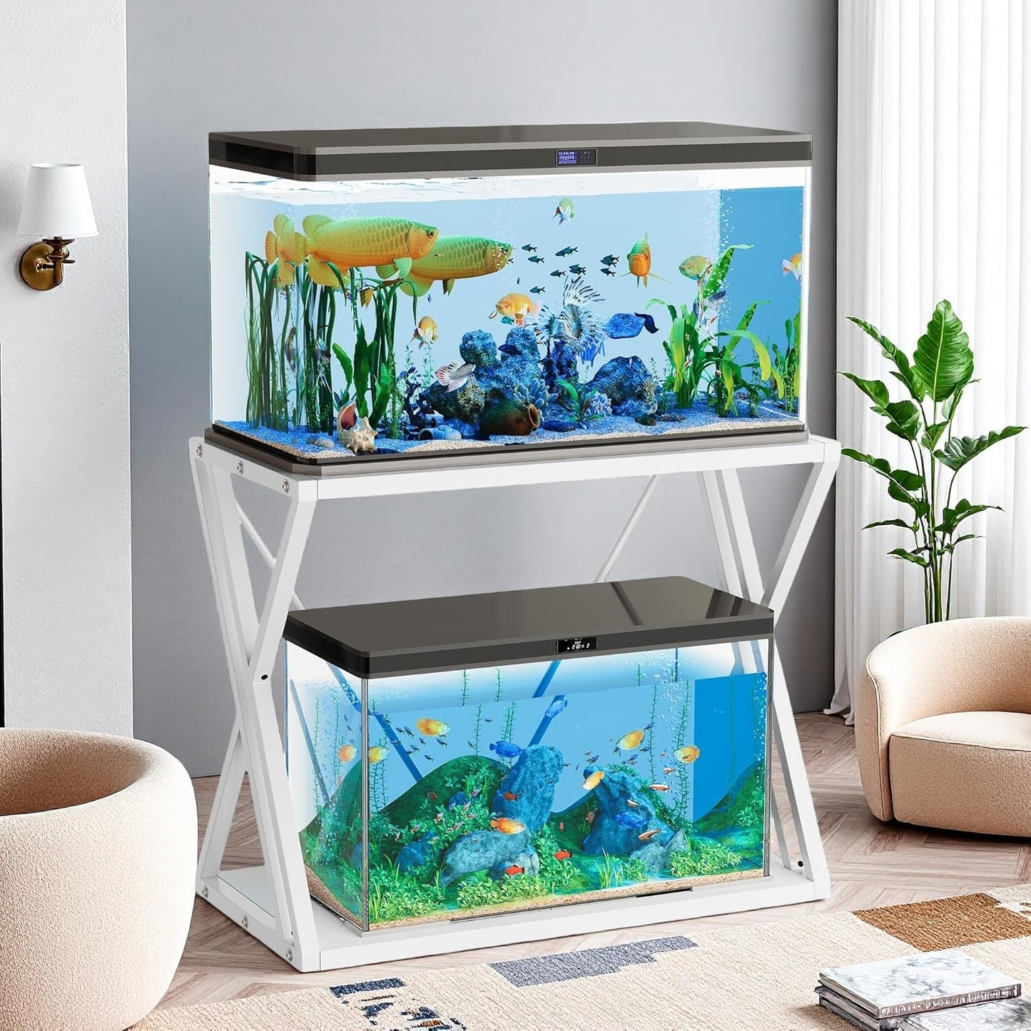 YITAHOME 10-40 Gallon Fish Tank Stand, Double-Layer Metal Aquarium Stand for Reptile Turtle Terrarium Breeder, White