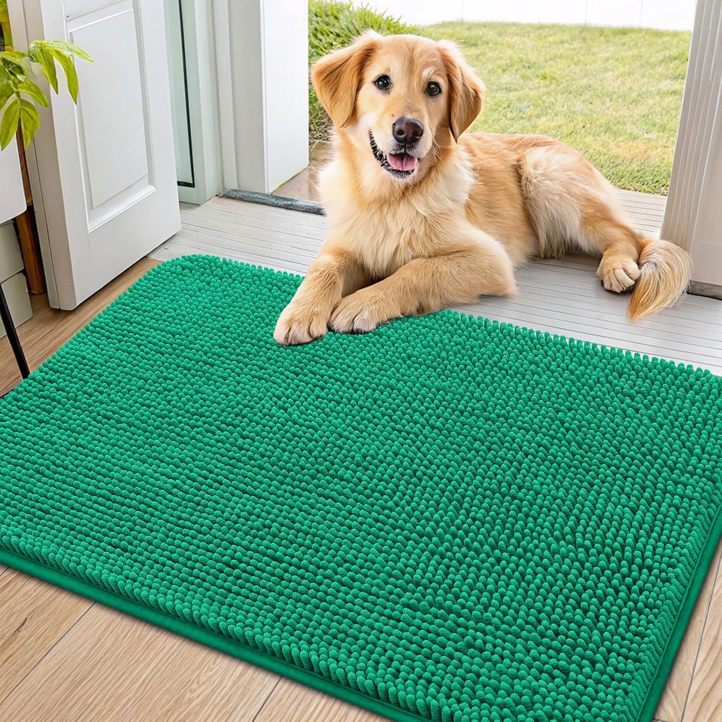 Smiry Dog Door Mat for Muddy Paws 36x24, Absorbs Moisture and Dirt Doormat, Non-Slip Washable Quick Dry Chenille Front Door Mat Indoor Entrance, Entryway Carpet for Inside Floor, Emerald Green