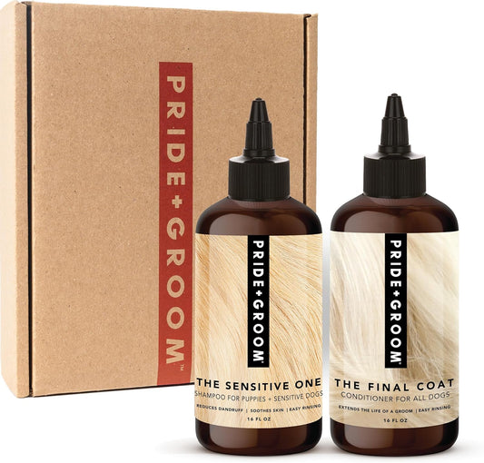 Pride and Groom The Sensitive One Box Set – Dog Shampoo & Conditioner with All Natural Blend of Essential Oils & Ingredients to Soothe, Nourish & Untangle for Long Lasting Shine & Manageability – 32oz