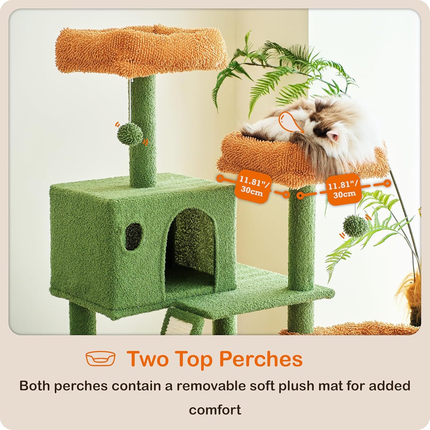 Ouritsu Cat Tree, 56 inch Tall Cat Tower for Large Cat Indoor, Large Condo, 2 Padded Perches, Steel-Framed Hammock, Scratching Post and ramp, Fluffy Basket, Green, LF001GB