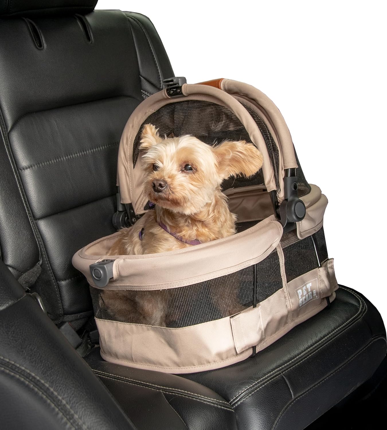 Pet Gear No-Zip View 360 Ultra Lite Pet Safety Carrier & Car Seat for Small Dogs & Cats Push Button Entry, 15", Sand,View 360 Ultra Light 15-inch,Sand