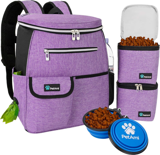 PetAmi Dog Travel Bag Backpack, Airline Approved Dog Bags for Traveling, Puppy Diaper Bag Supplies, Pet Camping Essentials Hiking Accessories Dog Mom Gift, Food Container, Collapsible Bowls, Purple